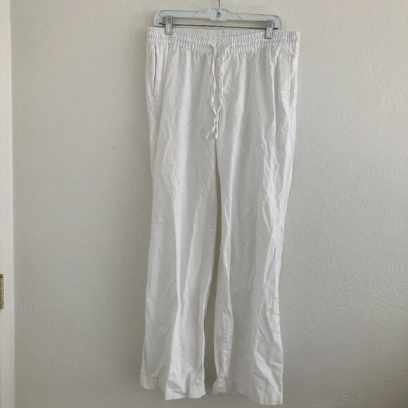 Old Navy Linen Blend Wide Leg Pull on Pants White Beach Coastal Vacation Medium - Picture 1 of 8